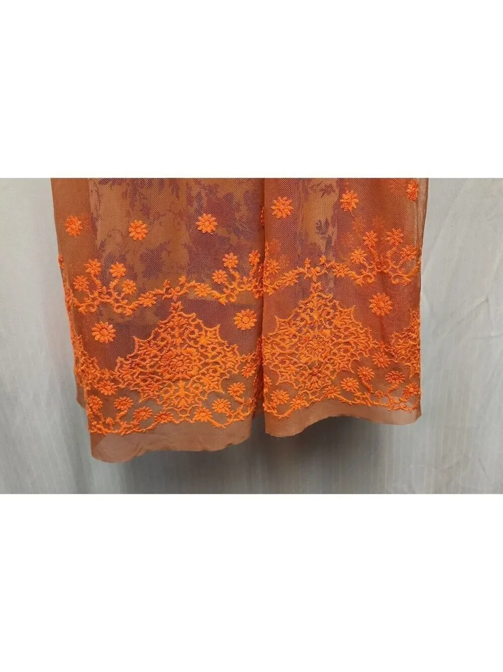 Anthropologie Uncle Frank Embroidered Mesh Overlay Neon Orange Floral Dress Sz M